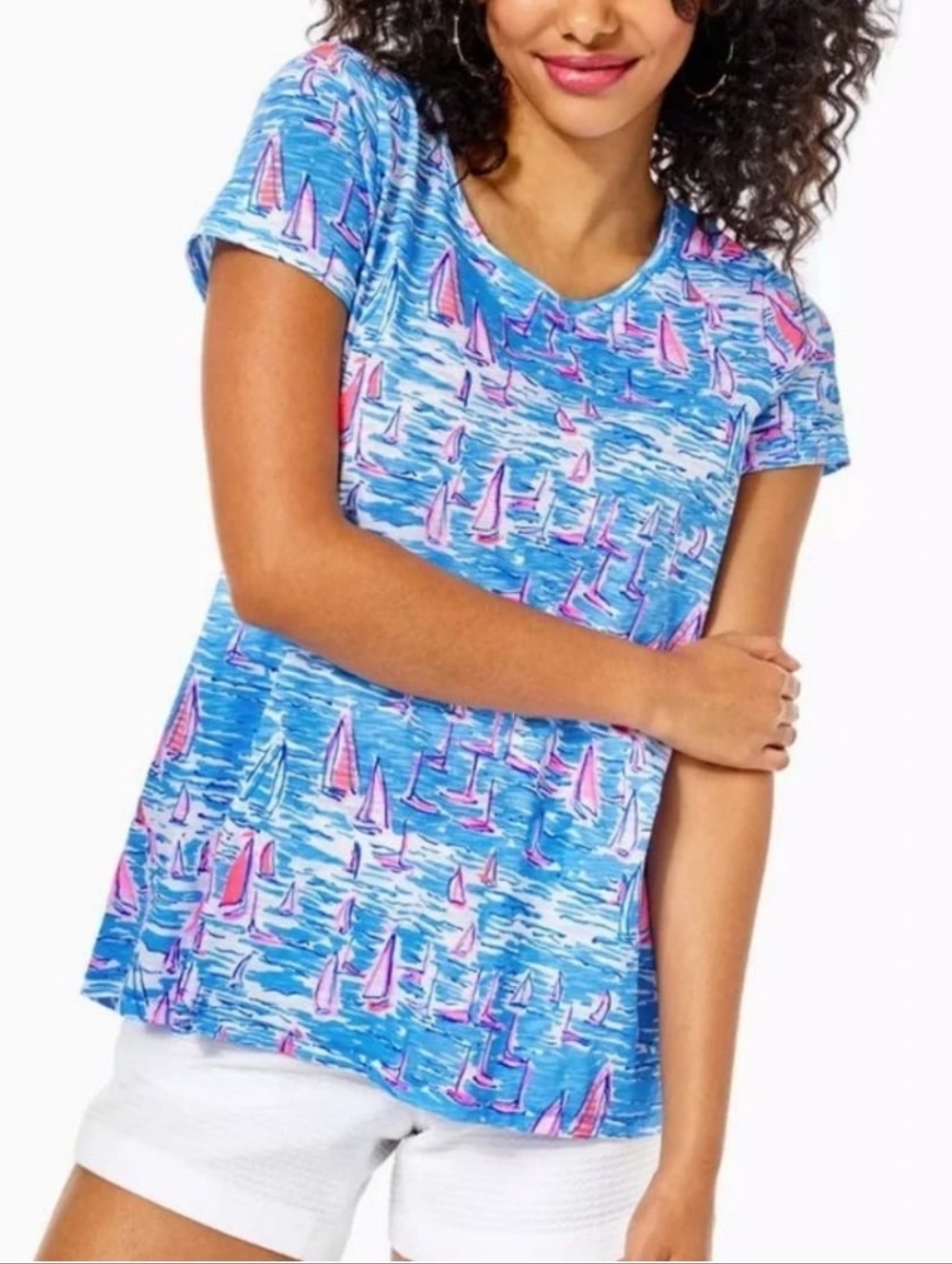 Lily Pulitzer Etta Scoop Neck Top Sz XS Blue Boatylicious Beachy Breezy Relaxed